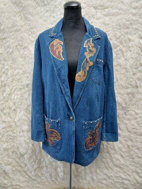 Vintage Bianca Women's Blue Studded Denim Jacket with Embroidered Paisley 10